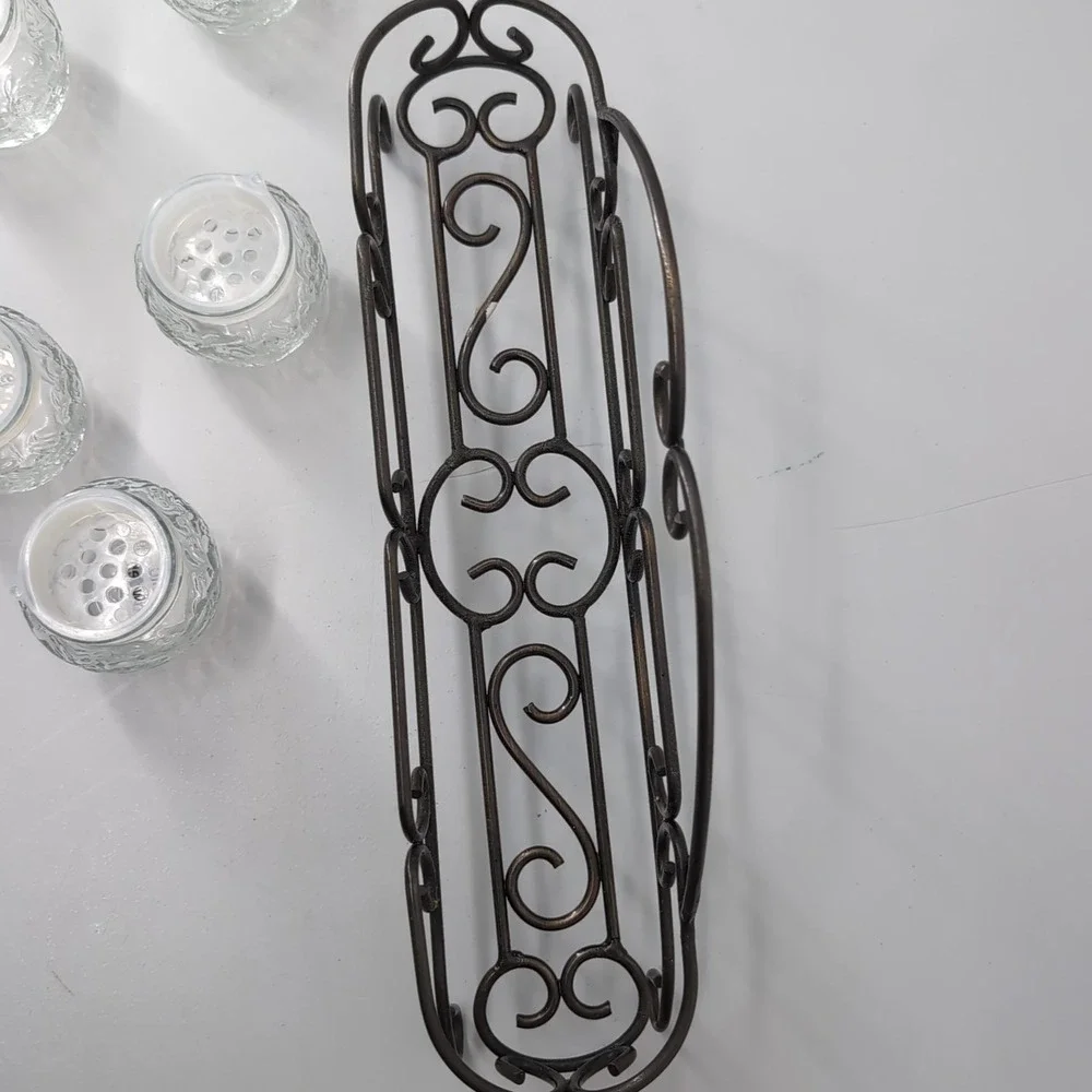 Princess House 5 Piece Fantasia Spice Jars with Bronze Wrought Iron Scroll Caddy